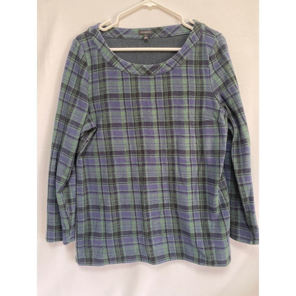 Talbots Women's Dark Green & Blue Plaid‎ Long Sleeve Top L 100% Cotton